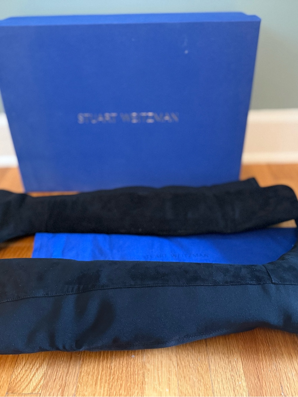 Stuart Weitzman 50/50 Black Over-the-Knee Boots with Royal Blue Box